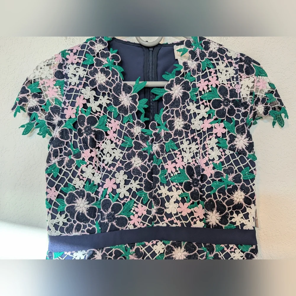 Anthropologie Green Purple Floral Crochet Embroidered Cap Sleeve Midi Dress SM - Picture 7 of 11